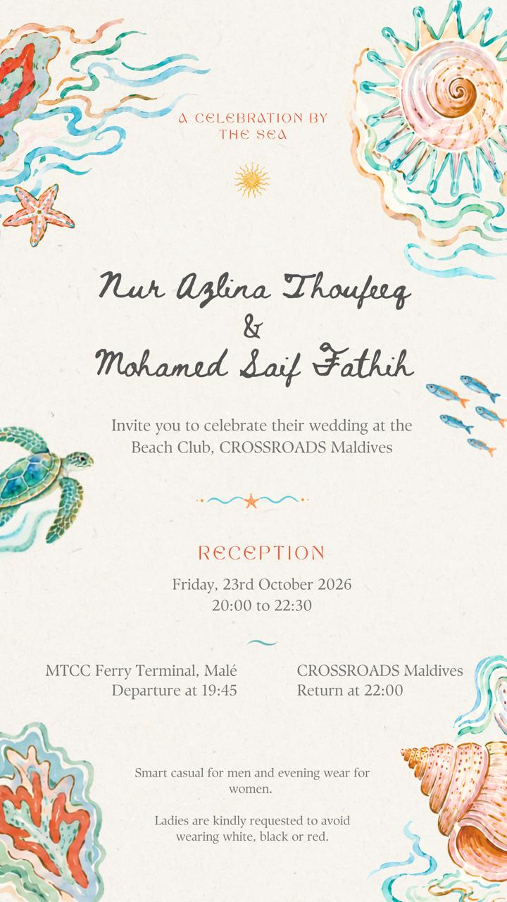 Original wedding invitation for Nur Azlina Thaufeeq and Mohamed Saif Fathih. Reception at the Beach Club, CROSSROADS Maldives, Friday 23 October 2026, from 20:00 to 22:30. MTCC Ferry Terminal departure at 19:45; return from CROSSROADS at 22:00.